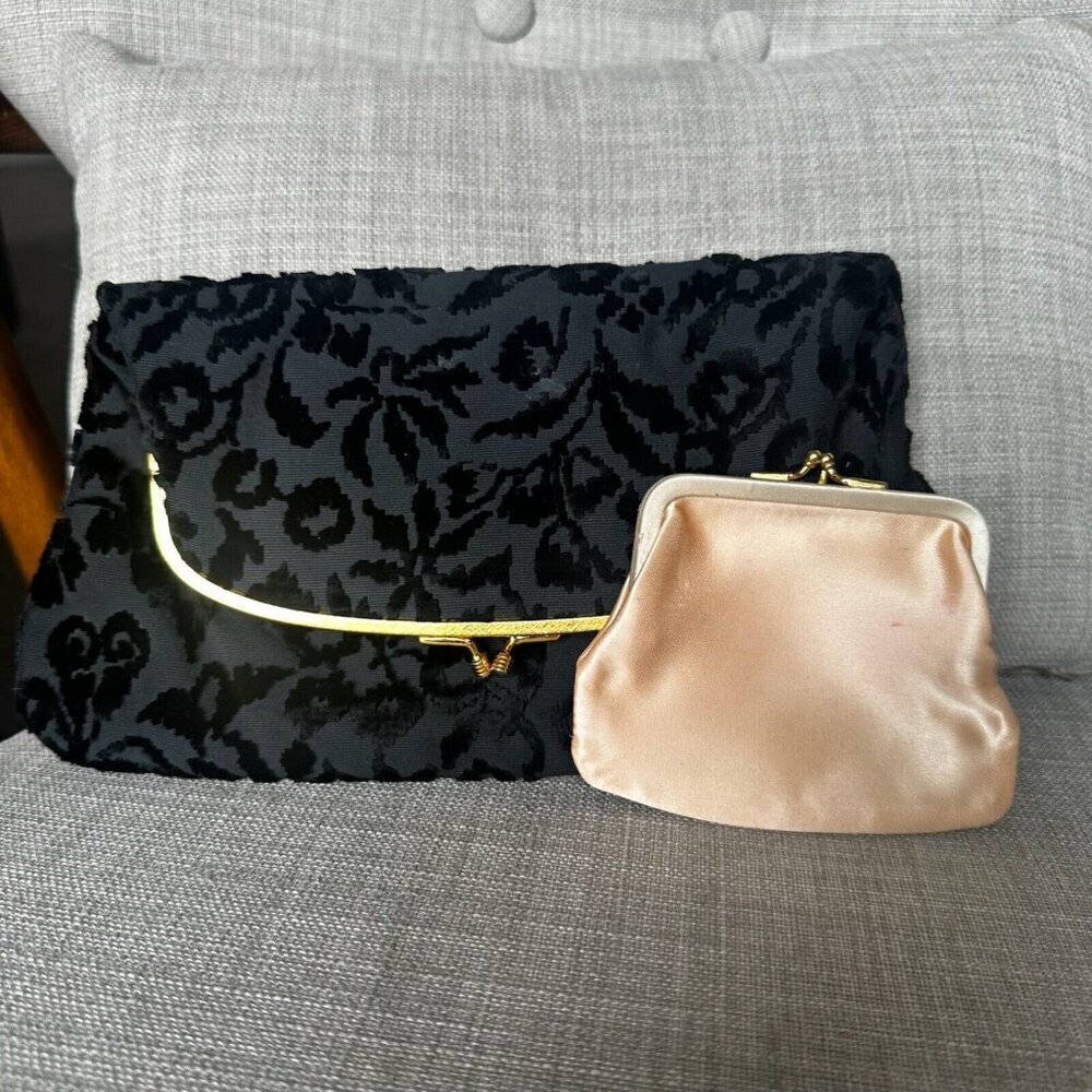 Vintage Coblentz Black Floral Clutch Velvet Burnout Coin Purse‎ Kiss Closure